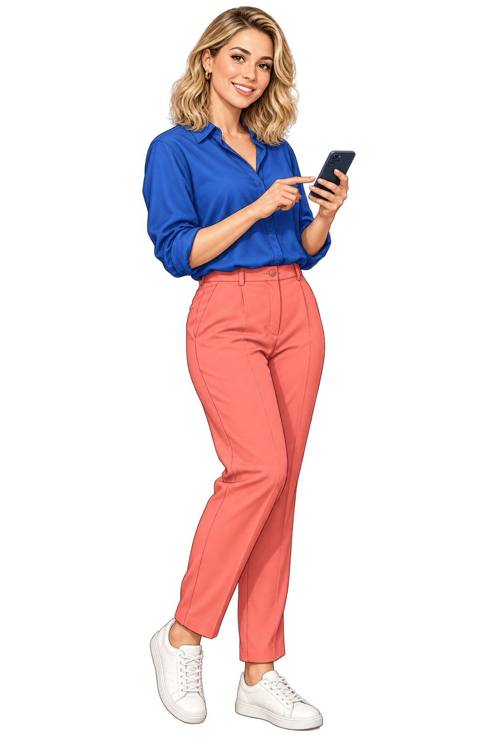 Ilustração de uma mulher loira sorrindo enquanto usa o celular