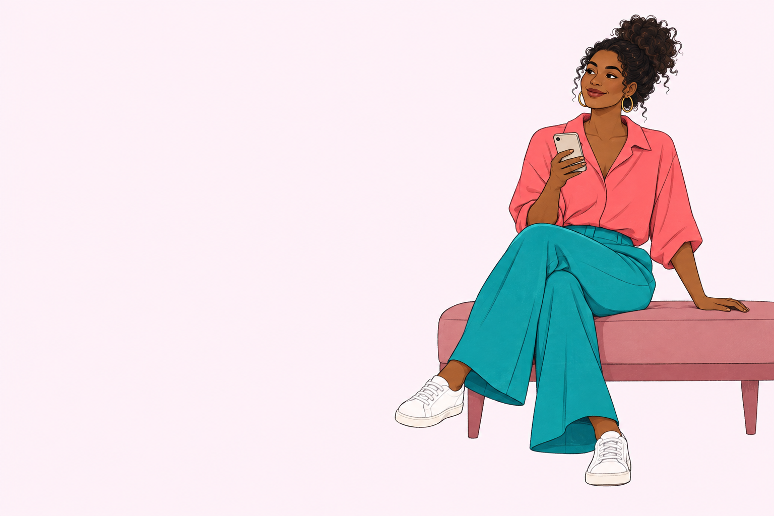 Ilustração de uma mulher sorrindo, com o celular na mão