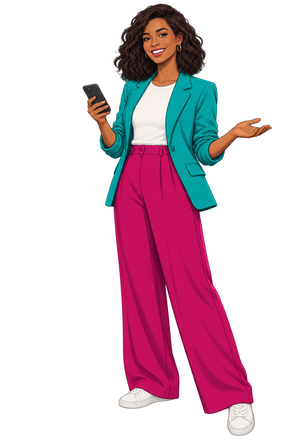 Ilustração de uma mulher sorrindo com celular, de blazer azul e calça rosa